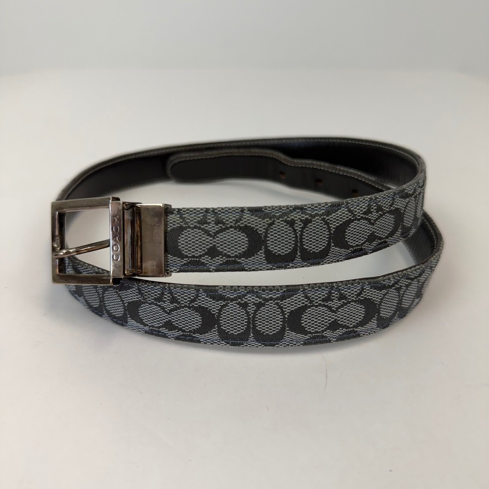 Coach Reversible Signature C Monogram Belt Grey Black Canvas Leather Italy
